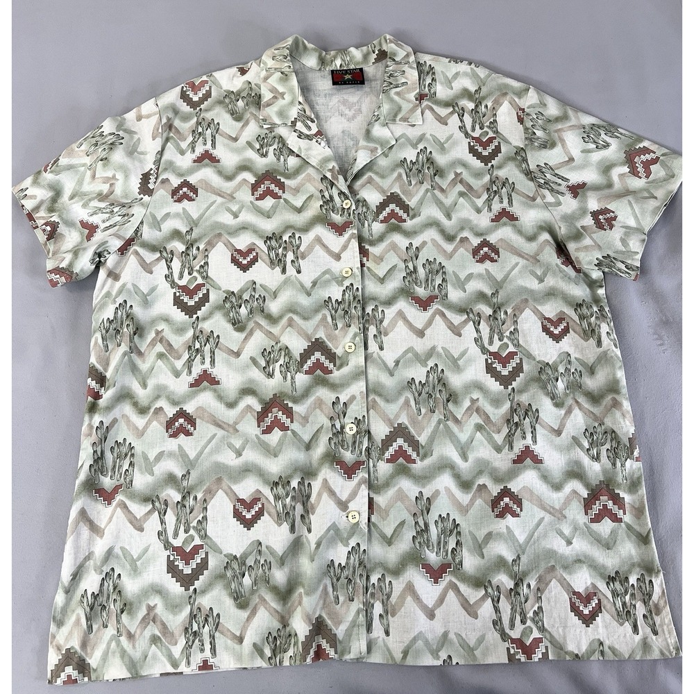 Vintage Five Star Men's Shirt‎ Linen Short Sleeve Cactus Azteca Sz 3X Y2K